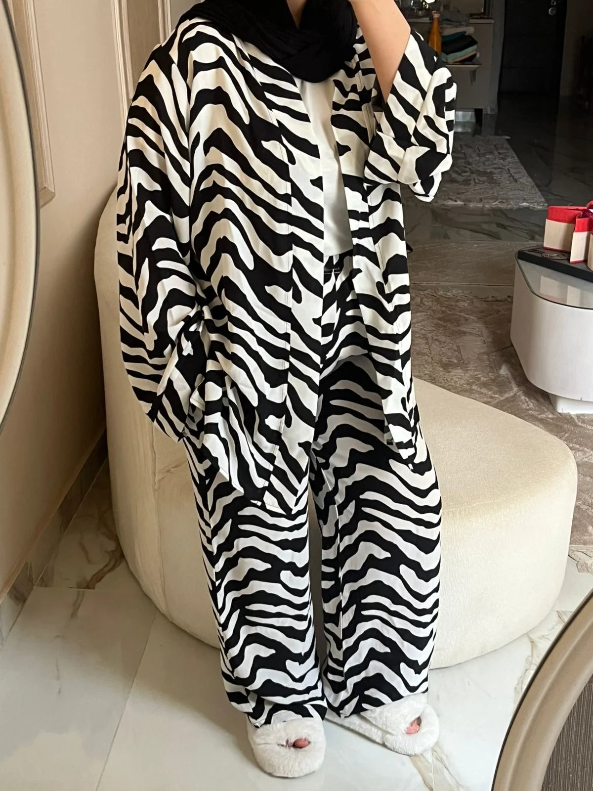 3 Piece Set Cardigan, Top & Pants – Zebra Print